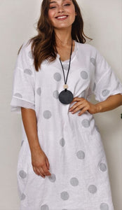 SILVER SPOT COTTON/LINEN DRESS [Sz:M COL:WHITE]