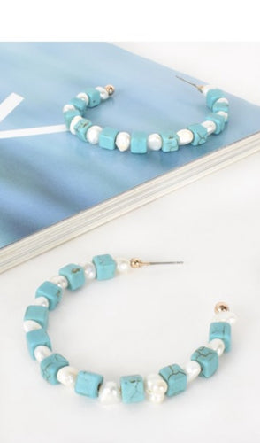 TURQUOISE STONE PEARL MIX HOOPS