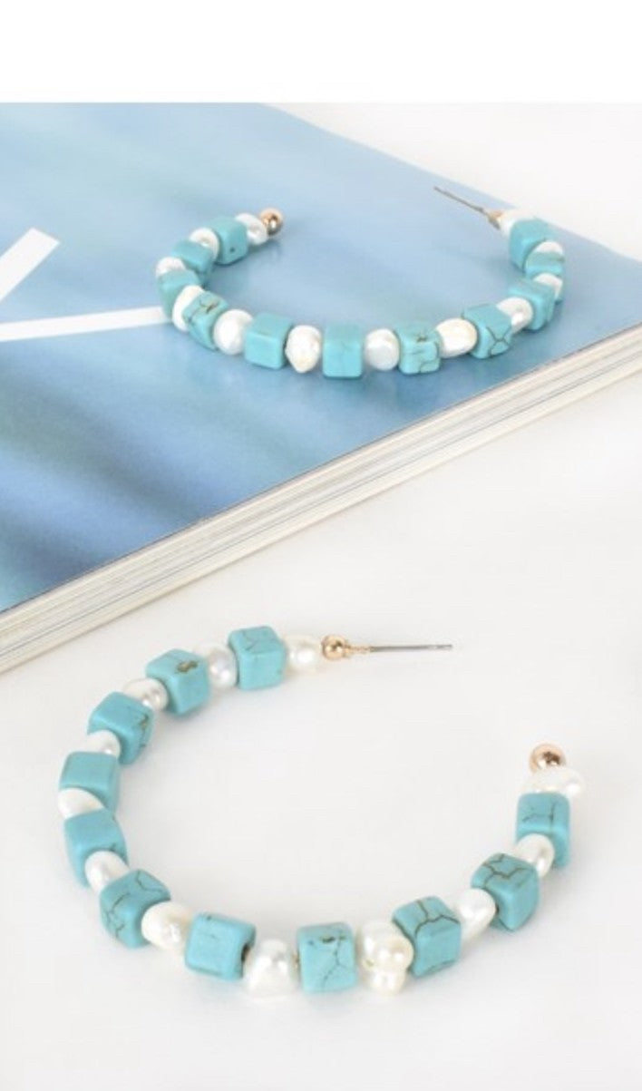 TURQUOISE STONE PEARL MIX HOOPS