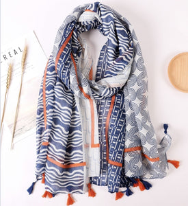 COTTON SCARF - BLUE WAVE LINES ORANGE TASSEL