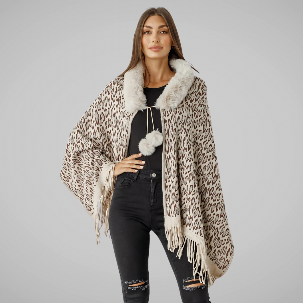 ANIMAL PRINT WRAP W/FAUX FUR & POM POMS [Sz:S/M COL:ANIMAL PRINT]