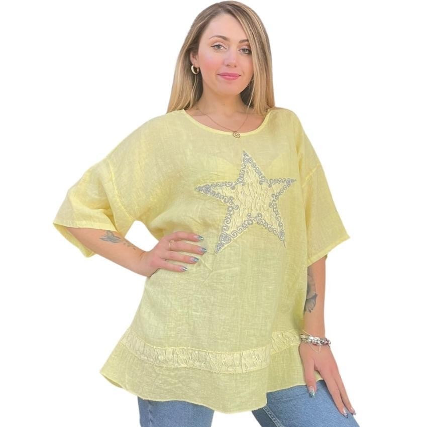 YELLOW LINEN STAR TOP