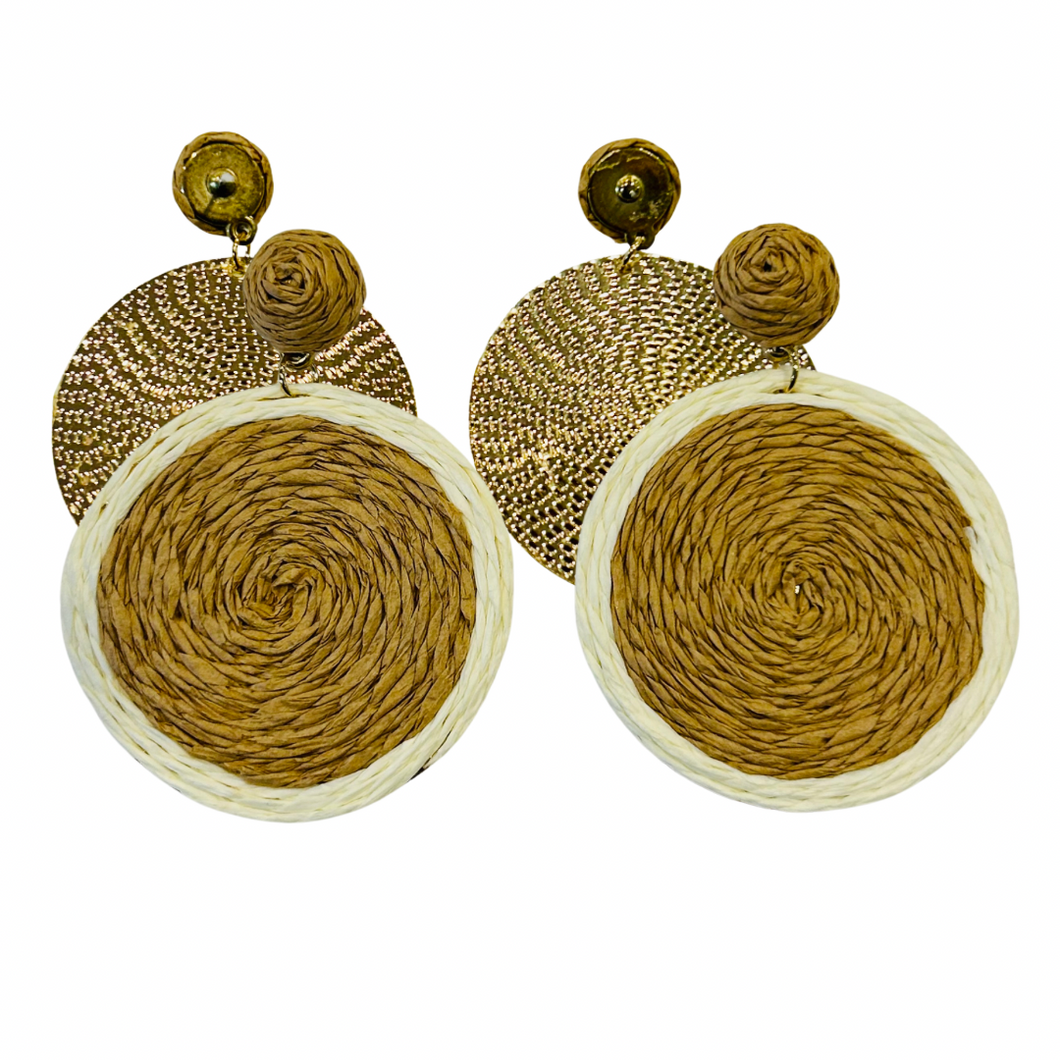 CONTRAST RATTAN DISC EARRINGS NATURAL