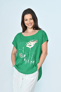 ROSE GOLD FLORAL LINEN TOP [Sz:S/M COL:GREEN]
