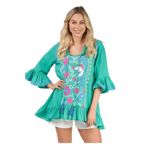 HACIENDA TUNIC - LILLY AARE EMBROIDERED [Sz:M COL:GREEN]