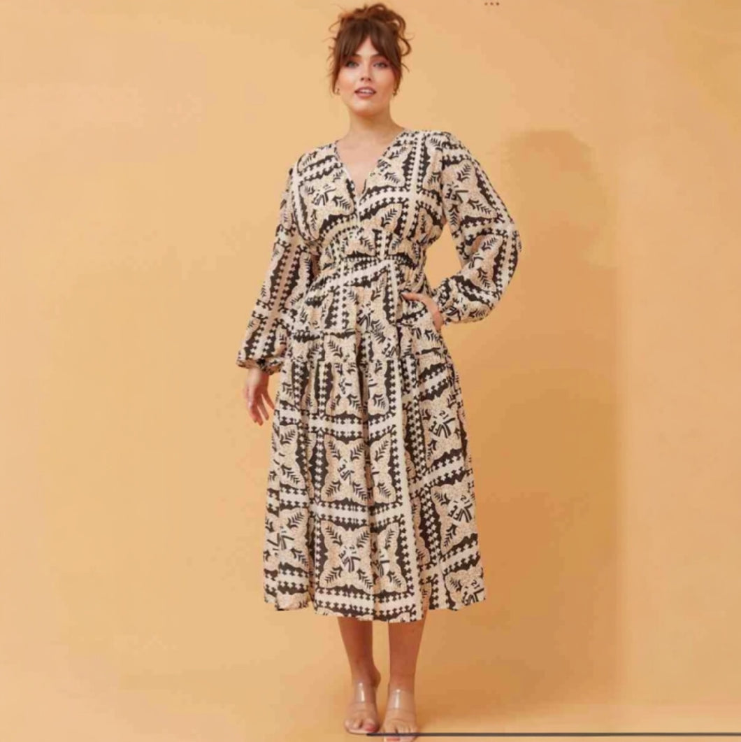 REBA LONG SLEEVE MAXI DRESS [Sz:10 COL:BLACK PRINT]