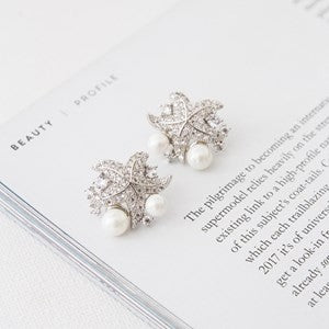 CUBIC ZIRCONIA STARFISH & PEARL CLUSTER EARRINGS